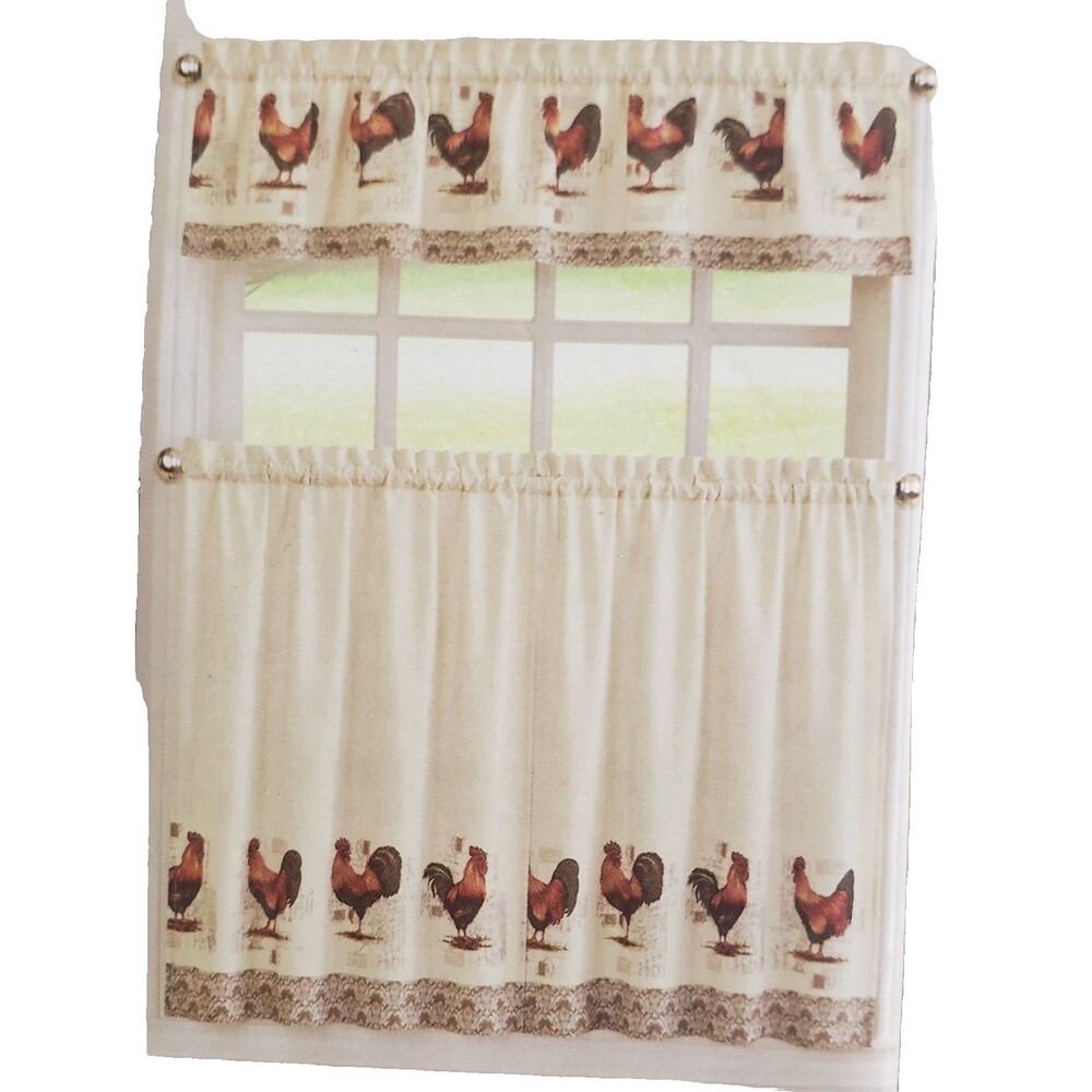 3pc. Printed Curtains Set:2 Tiers(30"x36") & Valance(60"x14") ROOSTERS & POST,LC